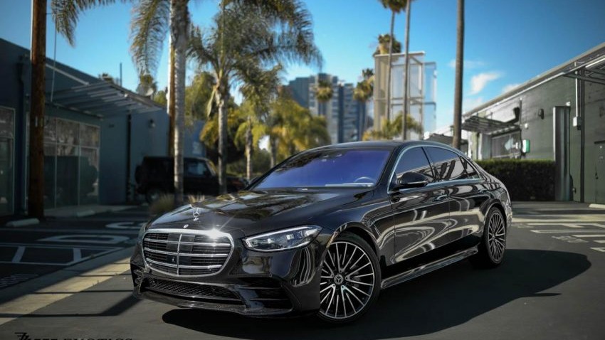 Black Mercedes at upscale location